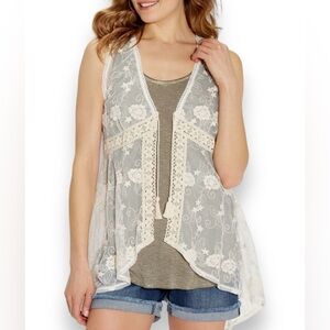 Maurices Sheer Floral Embroidered Flowy Tie Front Tassel Vest Coverup Cream S/M